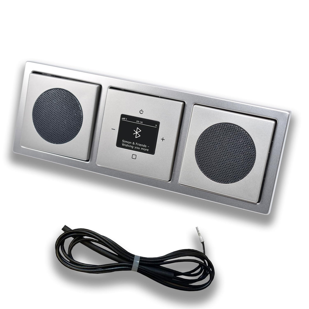 Busch Jäger DAB+ Unterputz Bluetooth (in and out) Radio 8217U-101 PUR Edelstahl, Set mit 2 x Lautsprecher, Abdeckungen und Rahmen + 0,9 m EBROM Wurfantenne zur Empfangsoptimierung - 8217 U – 101