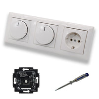 Busch Jäger 6523U-102 (2 x) LED Drehdimmer Dimmer + Dimmerscheibe 2115-914 und Steckdose 20EUC-914 in Balance Si alpinweiß glänzend inklusive EBROM Phasenprüfer zur Montage der Geräte 6523 U – 102