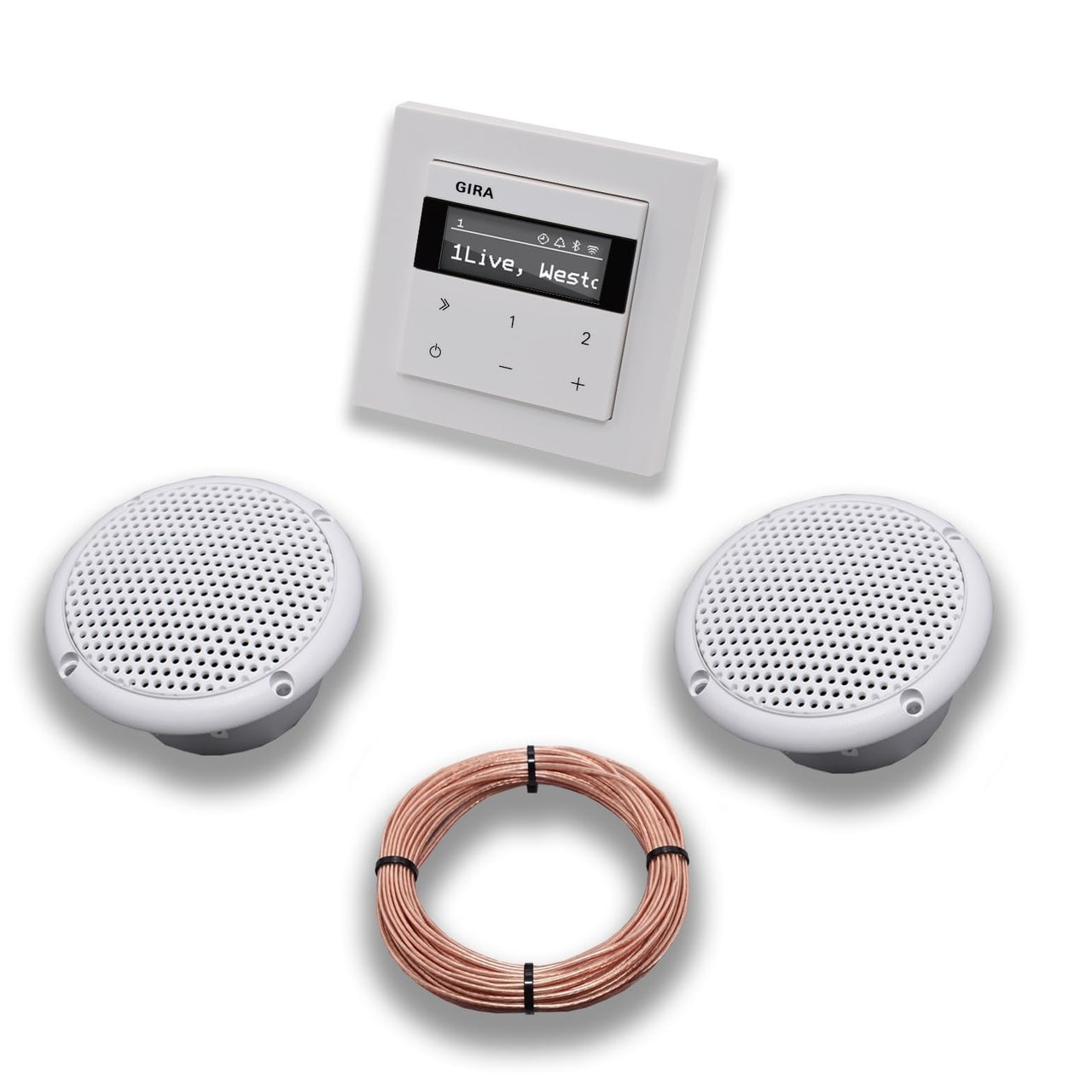 Gira Unterputz IP Internetradio 232003 + Bluetooth Komplett-SET E2, reinweiß glänzend + 2 x Deckenlautsprecher Einbaulautsprecher (Feuchtraum/Badezimmer) + 20 Meter Lautsprecherkabel 2x0,75 mm