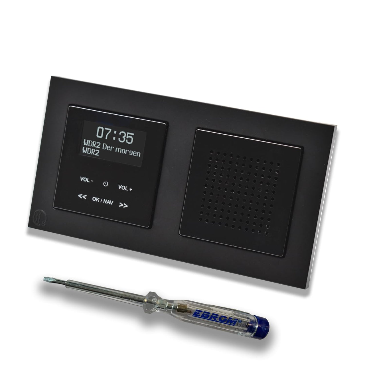 Merten Unterputz DAB+ und Bluetooth Radio MEG4375-0303 mit Lautsprecher in schwarz glänzend, edel abgestimmt mit einem M-Pure schwarz matt Rahmen, inkl. EBROM Phasenprüfer zur Montage der Geräte