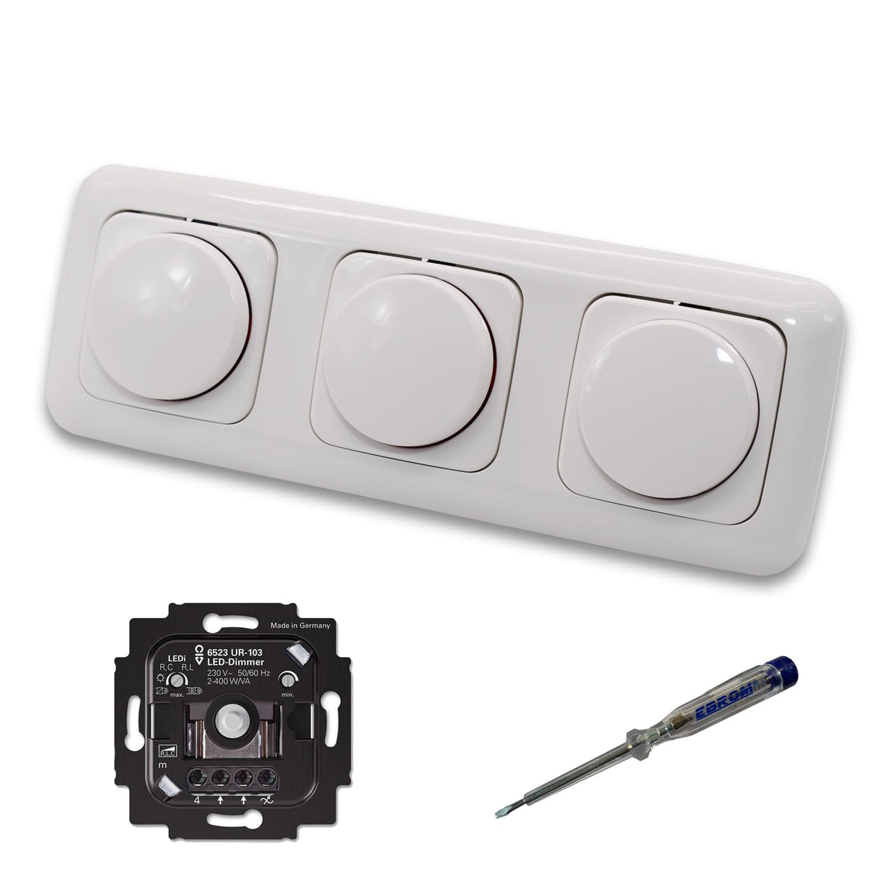 Busch Jäger 6523UR-103 (3 Stück) LED Drehdimmer Dimmer + Dimmerscheiben 2115-214 in ReflexSi alpinweiß glänzend im 3-fach Rahmen inkl. EBROM Phasenprüfer zur Montage der Geräte 6523 UR-103