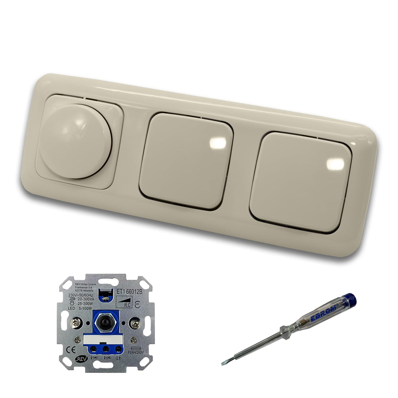 REV Ritter LED Drehdimmer Dimmer + Busch Jäger Dimmerscheibe 2115-212 und 2 x Lichtschalter 2000/6 US in DURO2000 cremeweiß glänzend inklusive EBROM Phasenprüfer zur Montage der Geräte ET1 66012B