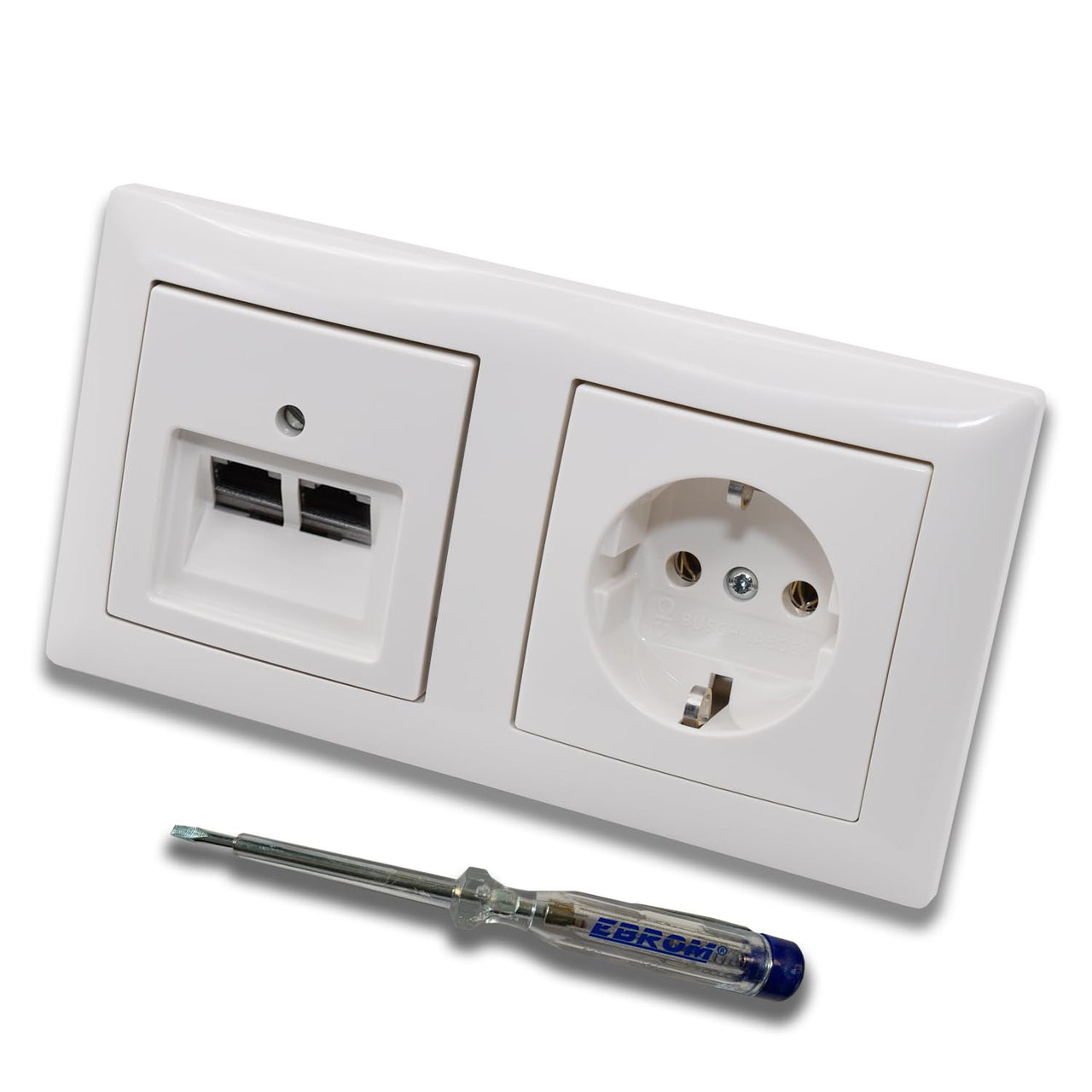 Busch Jäger, Rutenbeck Unterputz Netzwerkdose 10 Gigabit/S (10GbE) KAT6A 6A 2 x RJ45 Anschluss + Steckdose 20EUC-914 im BJ BalanceSi alpinweiß Design + EBROM Phasenprüfer z. Montage d. Geräte