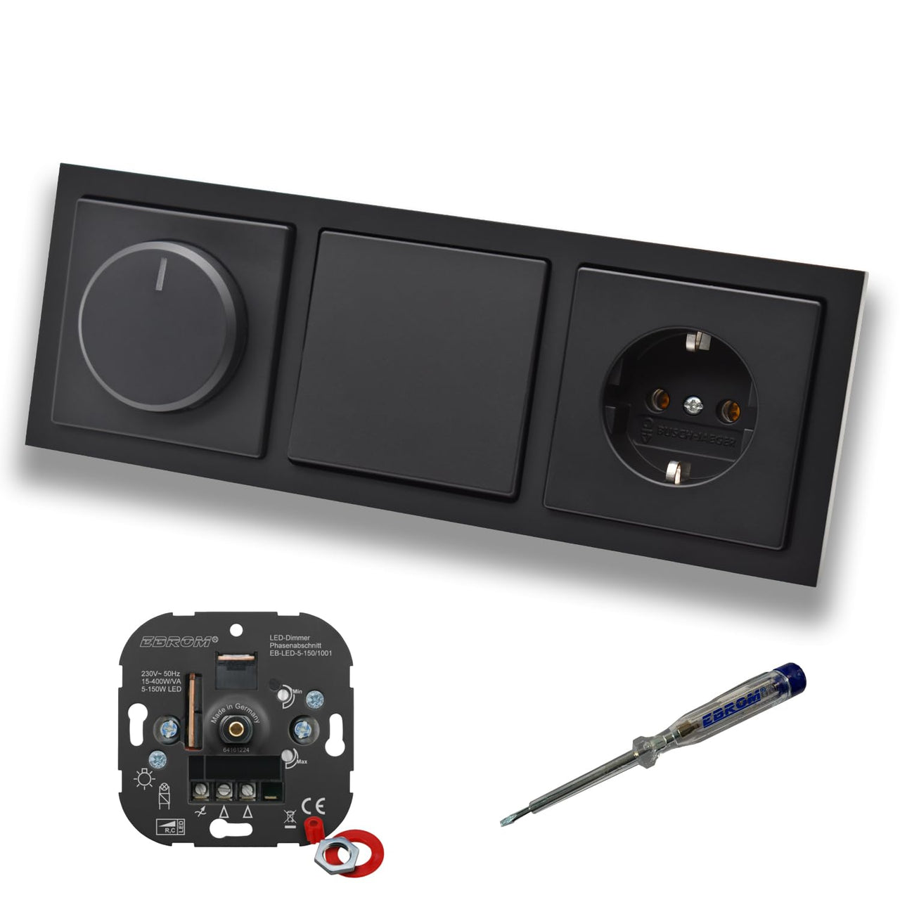 EBROM 1001 LED Drehdimmer Dimmer + Busch Jäger Dimmerscheibe 6540-885-102 + Taster 2020US + Steckdose 20EUC-885 Future Linear Schwarz matt + EBROM Phasenprüfer z. Montage der Geräte