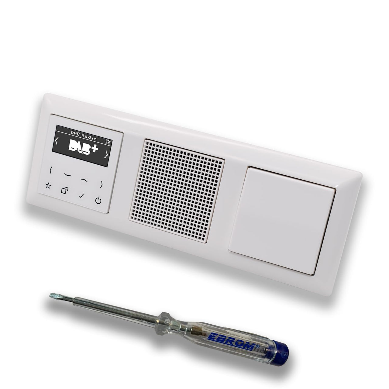 JUNG Smart Radio Unterputzradio DABAWW DAB+ Komplettset + 3-fach Rahmen im JUNG AS 500 System, alpinweiß, Lautsprecher, Wippschalter AN/AUS + EBROM Phasenprüfer zur Montage der Geräte