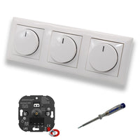 EBROM 1003 Universal ECO (3 Stück) LED Drehdimmer Dimmer + Busch Jäger Dimmerscheiben 2115-914 in BalanceSi alpinweiß glänzend im 3-fach Rahmen inkl. EBROM Phasenprüfer zur Montage der Geräte