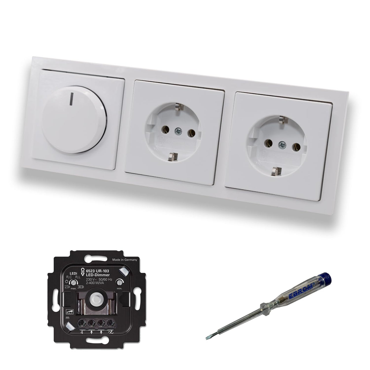 Busch Jäger 6523UR-103 LED Drehdimmer Dimmer + Dimmerscheibe 6540-84-102 und 2 x Steckdose 20EUC-84 in Future Linear Studioweiß glänzend inklusive EBROM Phasenprüfer zur Montage der Geräte 6523 UR-103