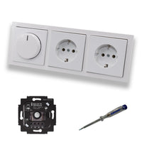Busch Jäger 6523UR-103 LED Drehdimmer Dimmer + Dimmerscheibe 6540-84-102 und 2 x Steckdose 20EUC-84 in Future Linear Studioweiß glänzend inklusive EBROM Phasenprüfer zur Montage der Geräte 6523 UR-103