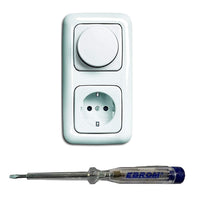 Busch Jäger 6523U-102 LED Drehdimmer Dimmer + Scheibe 2115-214 und Steckdose mit Kinderschutz 20EUCKS-214 in Reflex Si alpinweiß glänzend inkl. EBROM Phasenprüfer zur Montage der Geräte (6523 U – 102)