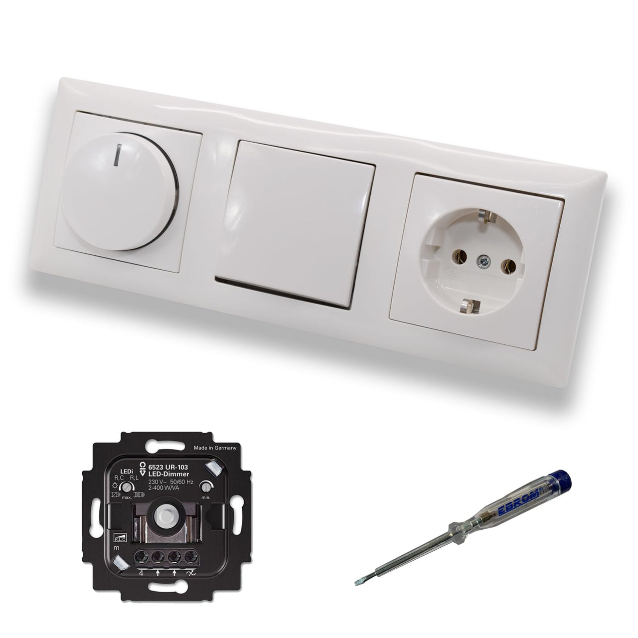 Busch Jäger 6523UR-103 LED Drehdimmer Dimmer + Dimmerscheibe 2115-914 + Kreuzschalter 2000/7US + Steckdose 20EUC-914 Balance Si alpinweiß glänzend + EBROM Phasenprüfer z. Montage d. Geräte 6523 UR-103
