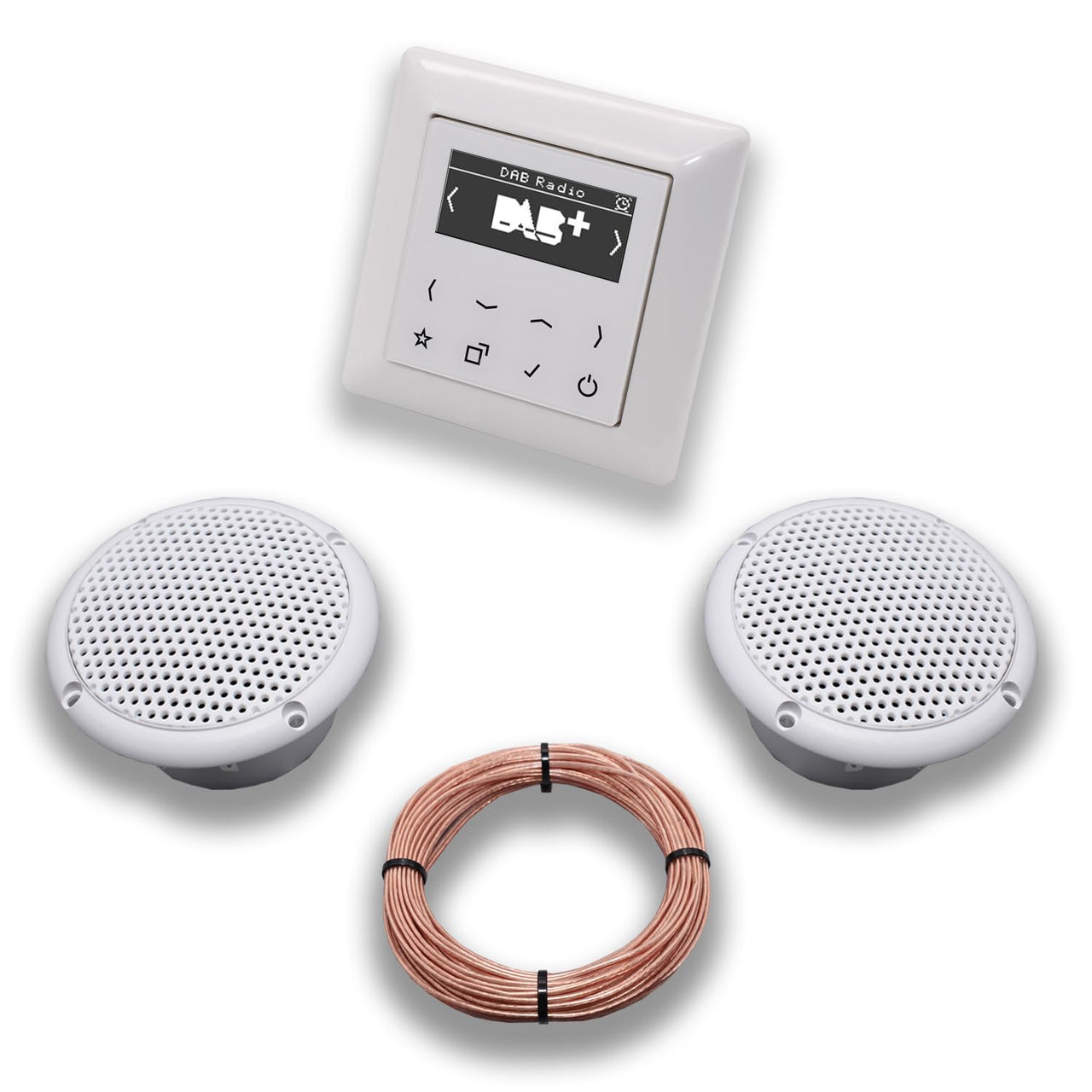 JUNG Smart Radio Unterputzradio DABAWW DAB+ Komplettset JUNG AS 500 System alpinweiß, Komplett-Set mit 2 x Decken Feuchtraumlautsprecher/Badezimmer + 20 m Lautsprecherkabel 2x0,75 mm2