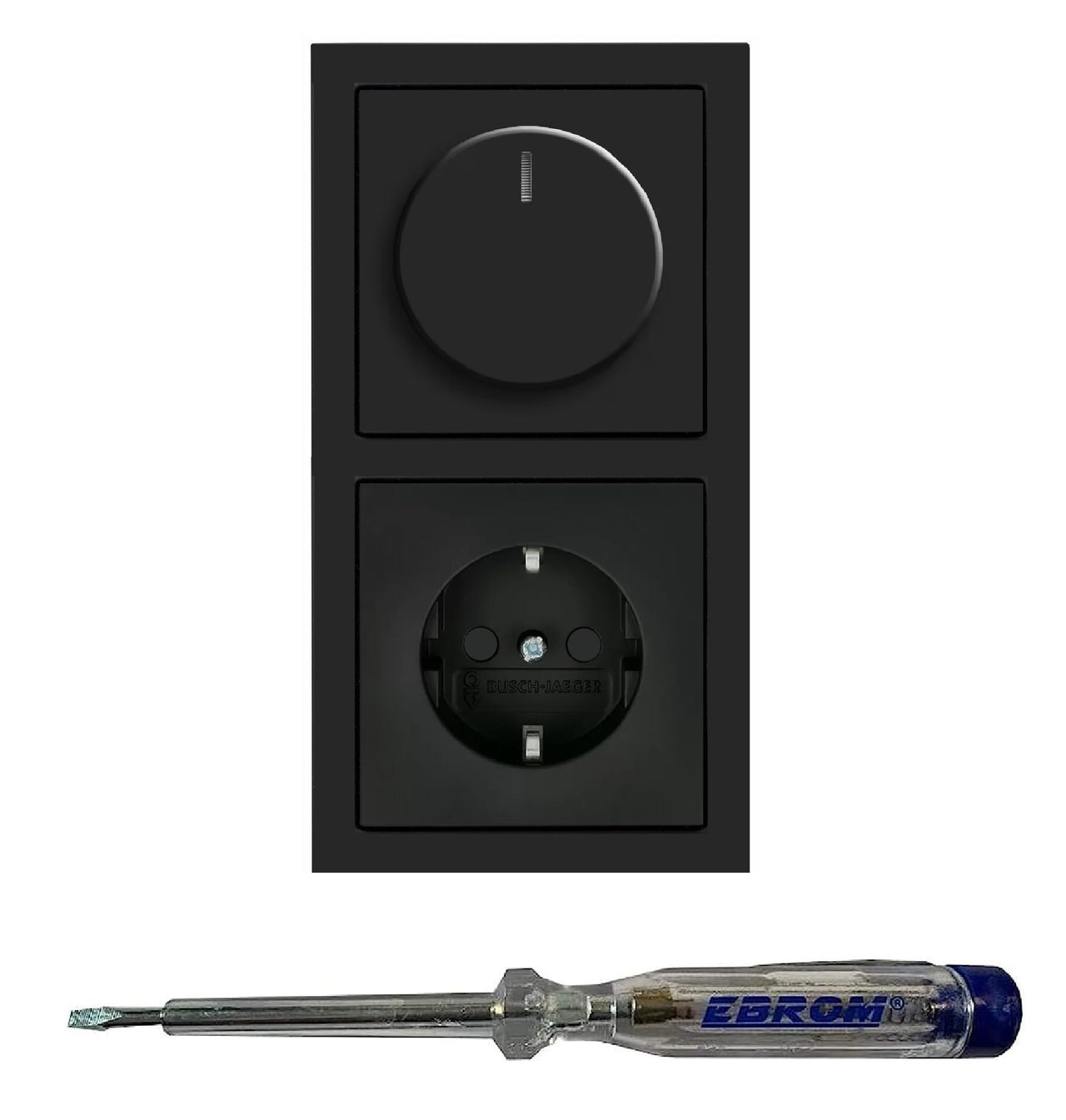 Busch Jäger 6523U-102 LED Drehdimmer Dimmer + Dimmerscheibe 6540-81-102 + Steckdose mit Kinderschutz 20EUCKS-81 in ANTHRAZIT glänzend inklusive EBROM Phasenprüfer zur Montage der Geräte (6523 U – 102)