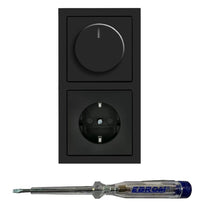 Busch Jäger 6523U-102 LED Drehdimmer Dimmer + Dimmerscheibe 6540-81-102 + Steckdose mit Kinderschutz 20EUCKS-81 in ANTHRAZIT glänzend inklusive EBROM Phasenprüfer zur Montage der Geräte (6523 U – 102)