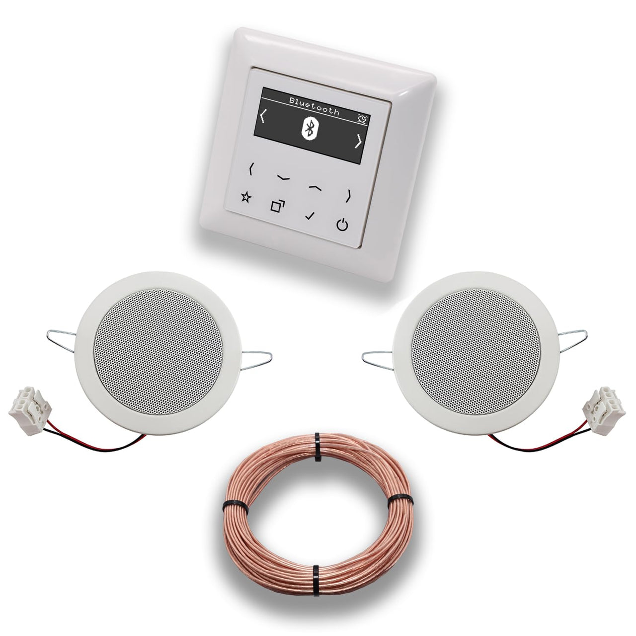 JUNG Smart Radio Unterputzradio DABABTWW DAB+ mit Bluetooth, JUNG AS 500 System alpinweiß, Komplett-Set mit 2 x Deckenlautsprecher Einbaulautsprecher + 20 Meter Lautsprecherkabel 2x0,75 mm2