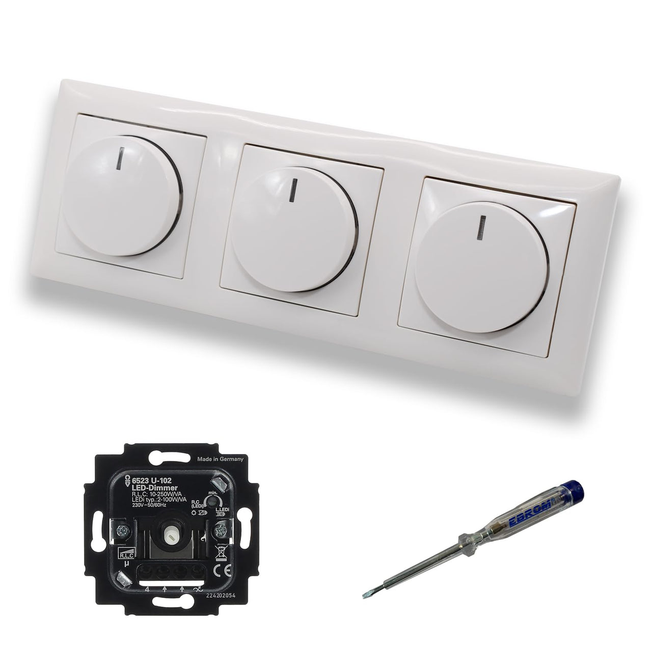 Busch Jäger 6523U-102 (3 Stück) LED Drehdimmer Dimmer + Dimmerscheiben 2115-914 in BalanceSi alpinweiß glänzend im 3-fach Rahmen inkl. EBROM Phasenprüfer zur Montage der Geräte 6523 U - 102