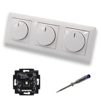 Busch Jäger 6523U-102 (3 Stück) LED Drehdimmer Dimmer + Dimmerscheiben 2115-914 in BalanceSi alpinweiß glänzend im 3-fach Rahmen inkl. EBROM Phasenprüfer zur Montage der Geräte 6523 U - 102