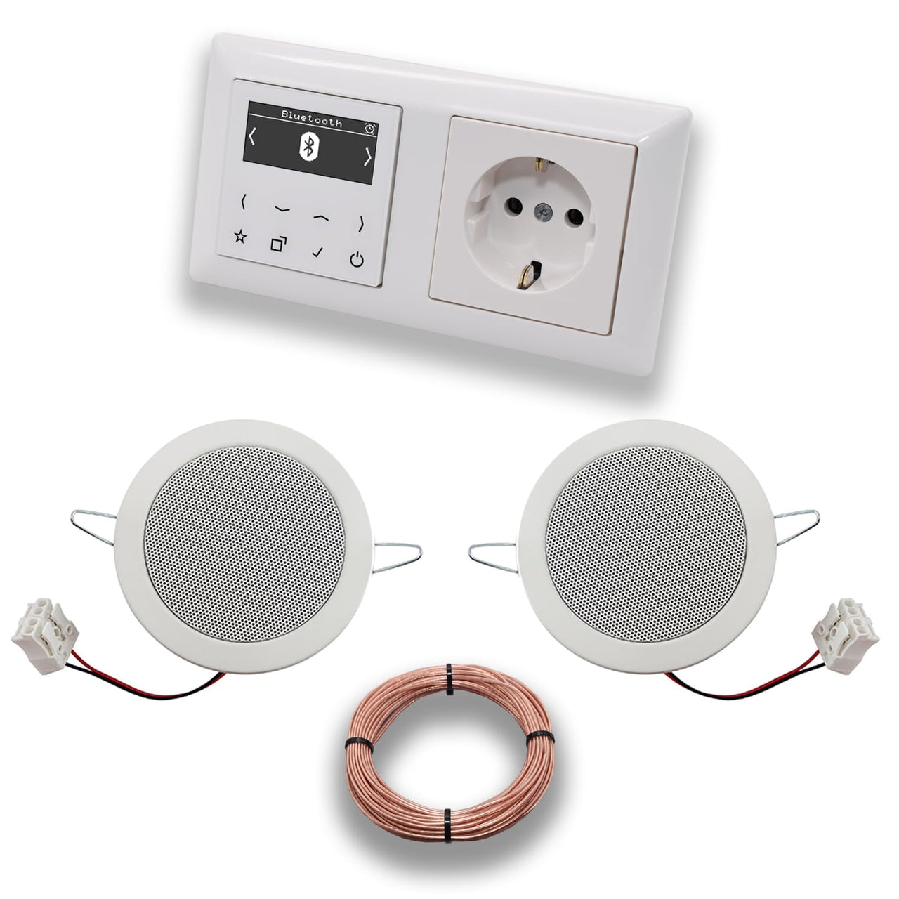JUNG Smart Radio Unterputzradio DABABTWW DAB+ mit Bluetooth, JUNG AS 500 System alpinweiß, Komplettset mit 2 x Deckenlautsprecher Einbaulautsprecher + 20 Meter Lautsprecherkabel 2x0,75 mm2 + Steckdose