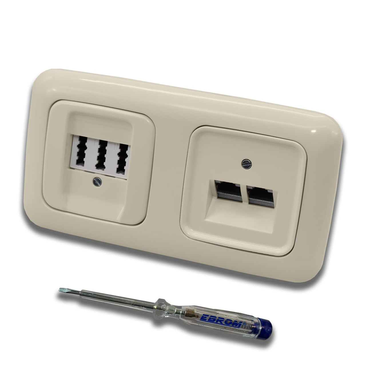 Busch Jäger, Rutenbeck Unterputz Netzwerkdose 10 Gigabit/S (10GbE) KAT6A 6A 2xRJ45 Anschluss + EBROM Telefon TAE 3x6 NFN Dose im BJ DUR2000 cremeweiß Design + EBROM Phasenprüfer z. Montage d. Geräte