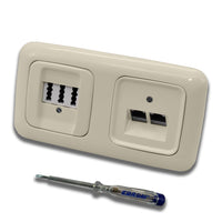 Busch Jäger, Rutenbeck Unterputz Netzwerkdose 10 Gigabit/S (10GbE) KAT6A 6A 2xRJ45 Anschluss + EBROM Telefon TAE 3x6 NFN Dose im BJ DUR2000 cremeweiß Design + EBROM Phasenprüfer z. Montage d. Geräte