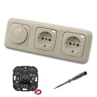 EBROM 1001 LED Drehdimmer Dimmer + Busch Jäger Dimmerscheibe 2115-212 und 2 x Steckdose 20EUC-212 in DURO2000 cremeweiß glänzend inklusive EBROM Phasenprüfer zur Montage der Geräte