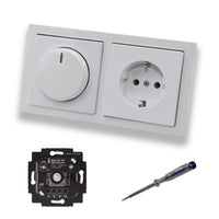 Busch Jäger 6523UR-103 LED Drehdimmer Dimmer + Dimmerscheibe 6540-84-102 und Steckdose 20EUC-84 in Future Linear Studioweiß glänzend inklusive EBROM Phasenprüfer zur Montage der Geräte 6523 UR-103