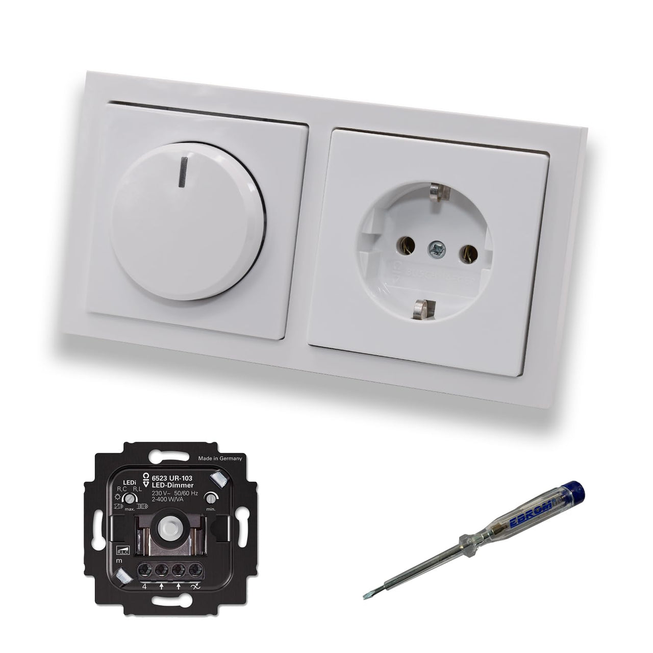 Busch Jäger 6523UR-103 LED Drehdimmer Dimmer + Scheibe 6540-84-102 + Steckdose mit Kinderschutz 20EUCKS-84 in Future Linear Studioweiß glänzend + EBROM Phasenprüfer zur Montage der Geräte 6523 UR-103