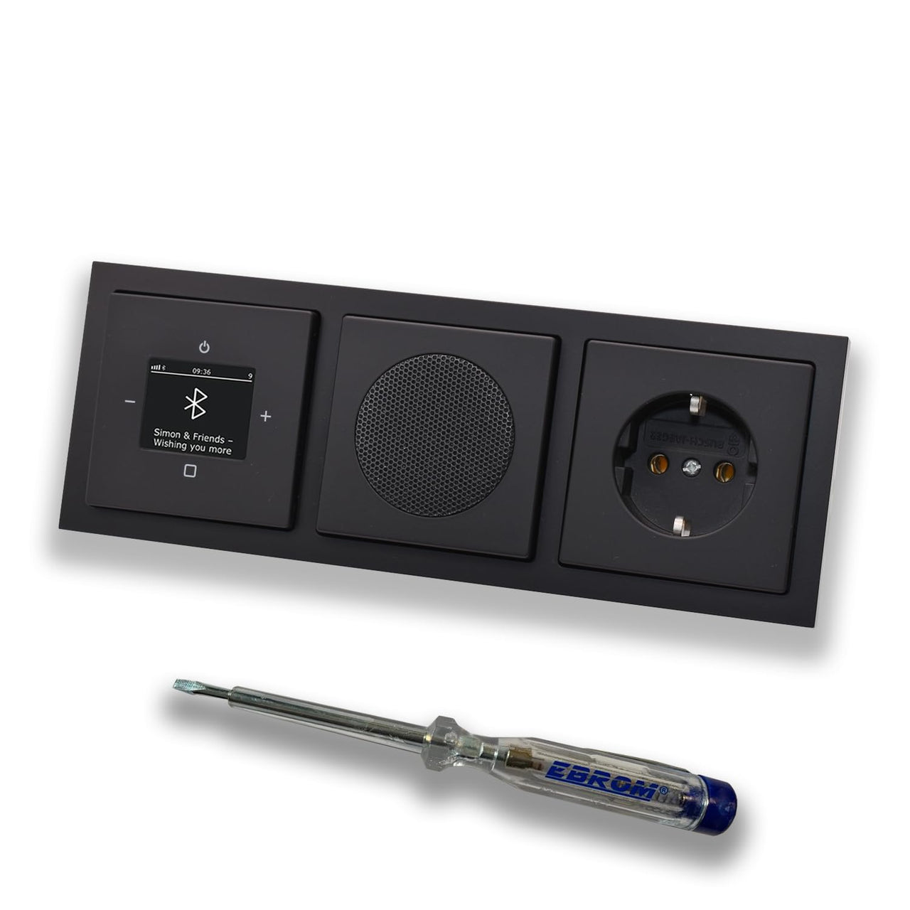 Busch Jäger DAB+ Unterputz Bluetooth (in and out) Radio 8217U-101 Future SCHWARZ MATT, Komplett-Set mit Lautsprecher, Abdeckungen, Steckdose, Rahmen + EBROM Phasenprüfer zur Montage d. Geräte - 8217U