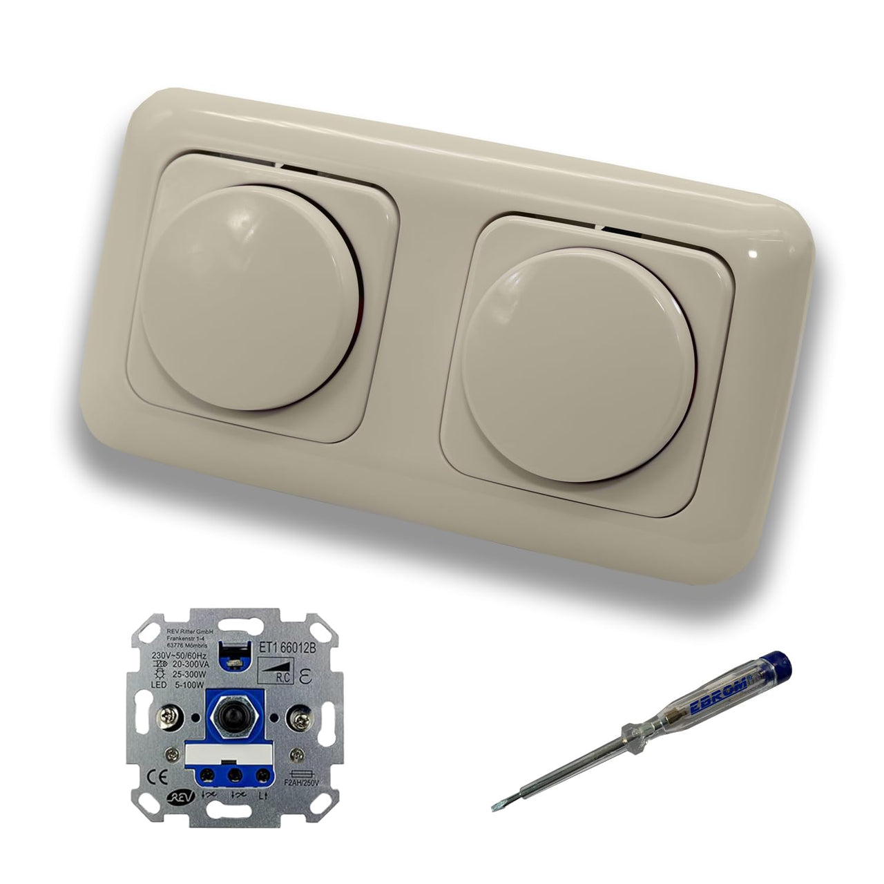 REV Ritter (2 Stück) LED Drehdimmer Dimmer + Busch Jäger Dimmerscheiben 2115-212 in DURO2000 cremeweiß glänzend im 2-fach Rahmen inkl. EBROM Phasenprüfer zur Montage der Geräte ET1 66012B
