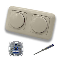 REV Ritter (2 Stück) LED Drehdimmer Dimmer + Busch Jäger Dimmerscheiben 2115-212 in DURO2000 cremeweiß glänzend im 2-fach Rahmen inkl. EBROM Phasenprüfer zur Montage der Geräte ET1 66012B