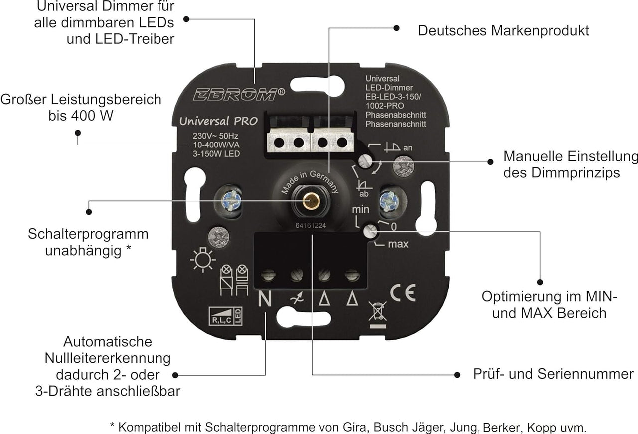 EBROM 1002 Universal PRO LED Drehdimmer Dimmer + Busch Jäger Dimmerscheibe 2115-214 und 2 x Steckdose 20EUC-214 in Reflex Si alpinweiß glänzend inklusive EBROM Phasenprüfer zur Montage der Geräte