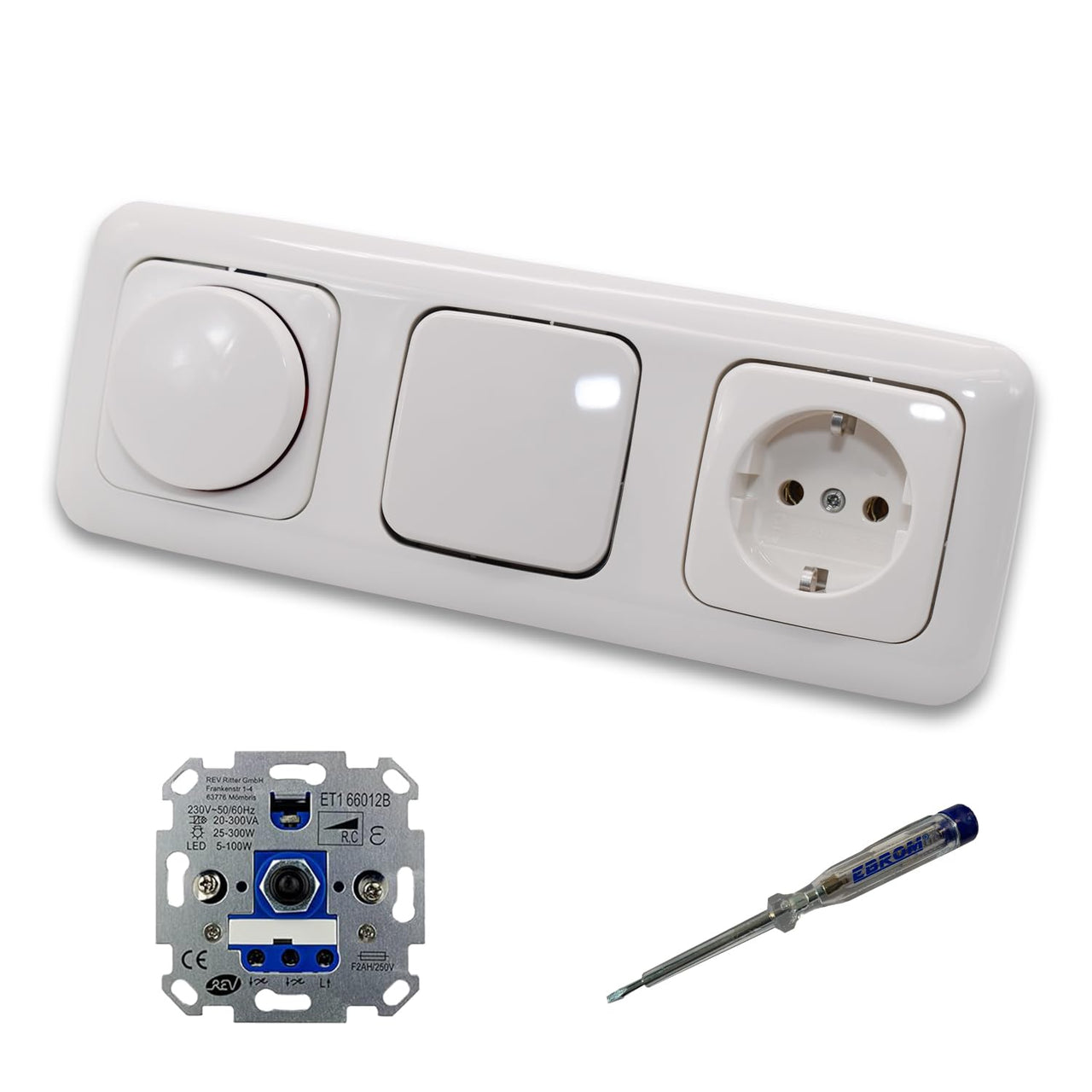 REV Ritter LED Drehdimmer Dimmer + Busch Jäger Dimmerscheibe 2115-214 + Lichtschalter 2000/6US + Steckdose Kinderschutz 20EUCKS-214 Reflex Si alpinweiß + EBROM Phasenprüfer z. Montage der Geräte