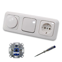 REV Ritter LED Drehdimmer Dimmer + Busch Jäger Dimmerscheibe 2115-214 + Kreuzschalter 2000/7US + Steckdose Kinderschutz 20EUCKS-214 Reflex Si alpinweiß + EBROM Phasenprüfer z. Montage der Geräte