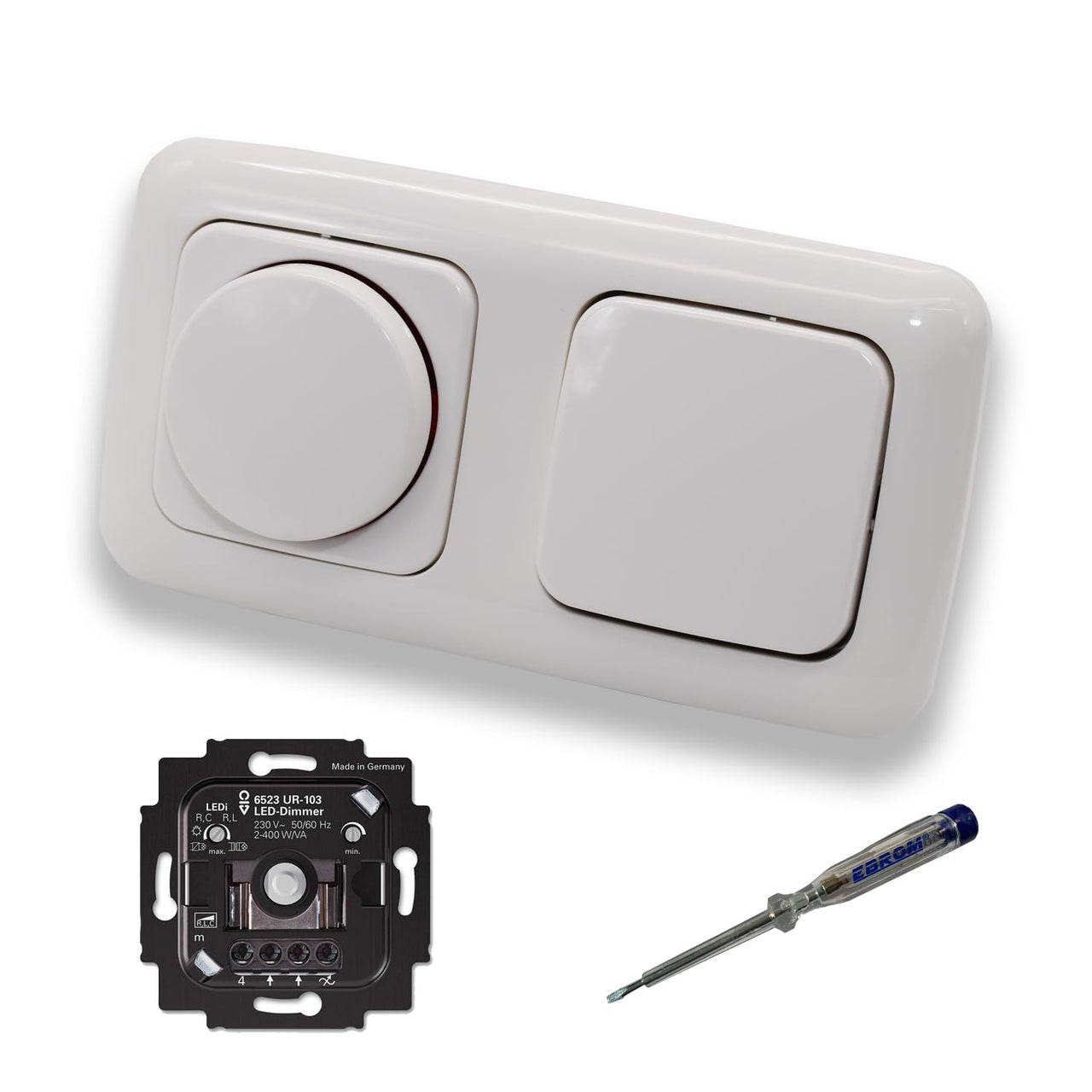 Busch Jäger 6523UR-103 LED Drehdimmer Dimmer + Dimmerscheibe 2115-214 und Lichtschalter 2000/6 US in Reflex Si alpinweiß glänzend inklusive EBROM Phasenprüfer zur Montage der Geräte 6523 UR-103