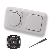 Busch Jäger 6523UR-103 LED Drehdimmer Dimmer + Dimmerscheibe 2115-214 und Lichtschalter 2000/6 US in Reflex Si alpinweiß glänzend inklusive EBROM Phasenprüfer zur Montage der Geräte 6523 UR-103