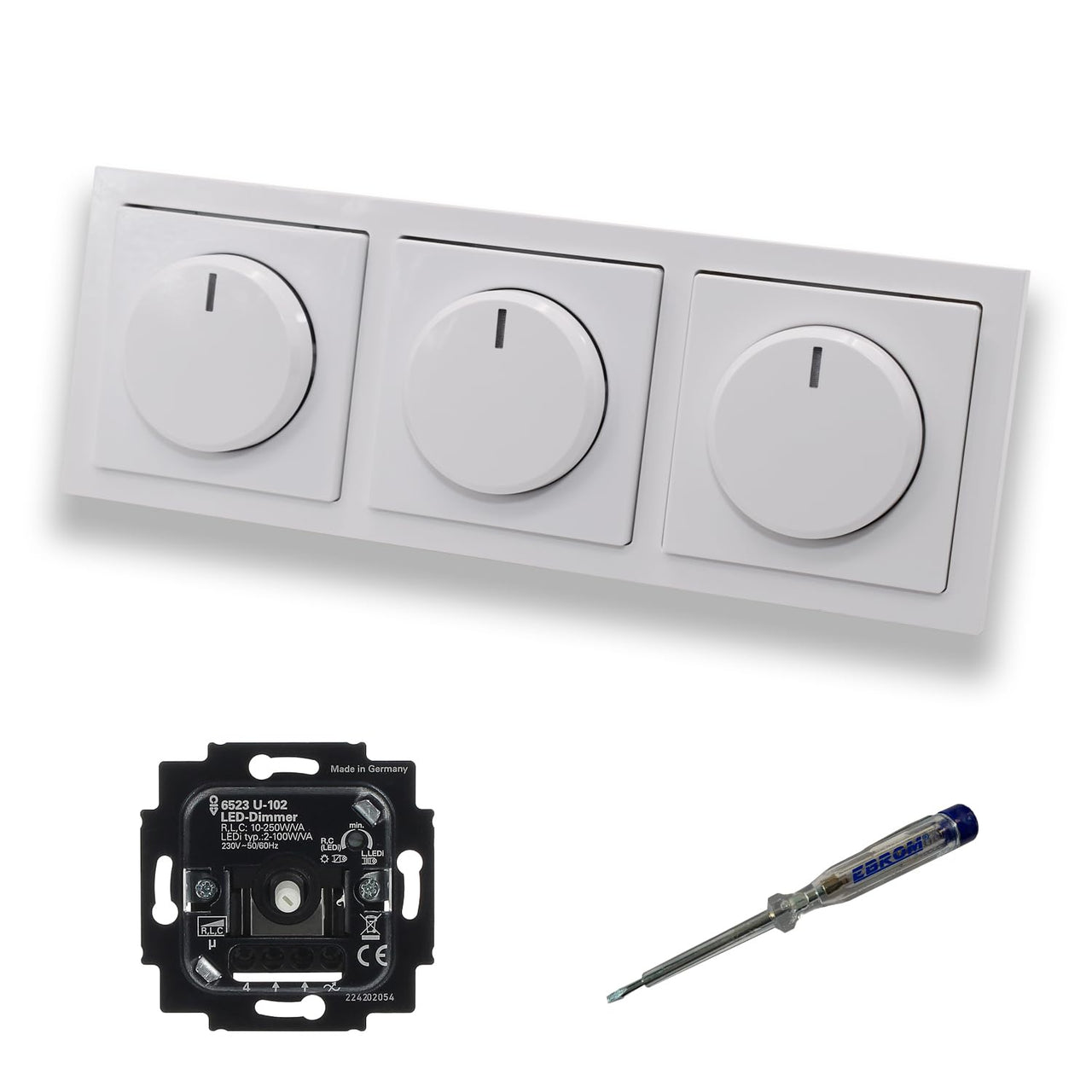 Busch Jäger 6523U-102 (3 Stück) LED Drehdimmer Dimmer + Dimmerscheiben 6540-84-102 in Future Linear Studioweiß glänzend im 3-fach Rahmen inkl. EBROM Phasenprüfer zur Montage der Geräte 6523 U - 102