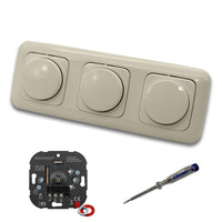 EBROM 1001 (3 Stück) LED Drehdimmer Dimmer + Busch Jäger Dimmerscheiben 2115-212 in DURO2000 cremeweiß glänzend im 3-fach Rahmen inkl. EBROM Phasenprüfer zur Montage der Geräte