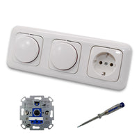 REV Ritter (2 x) LED Drehdimmer Dimmer + Busch Jäger Dimmerscheiben 2115-214 und Steckdose 20EUC-214 in Reflex Si alpinweiß glänzend inklusive EBROM Phasenprüfer zur Montage der Geräte ET1 66012B