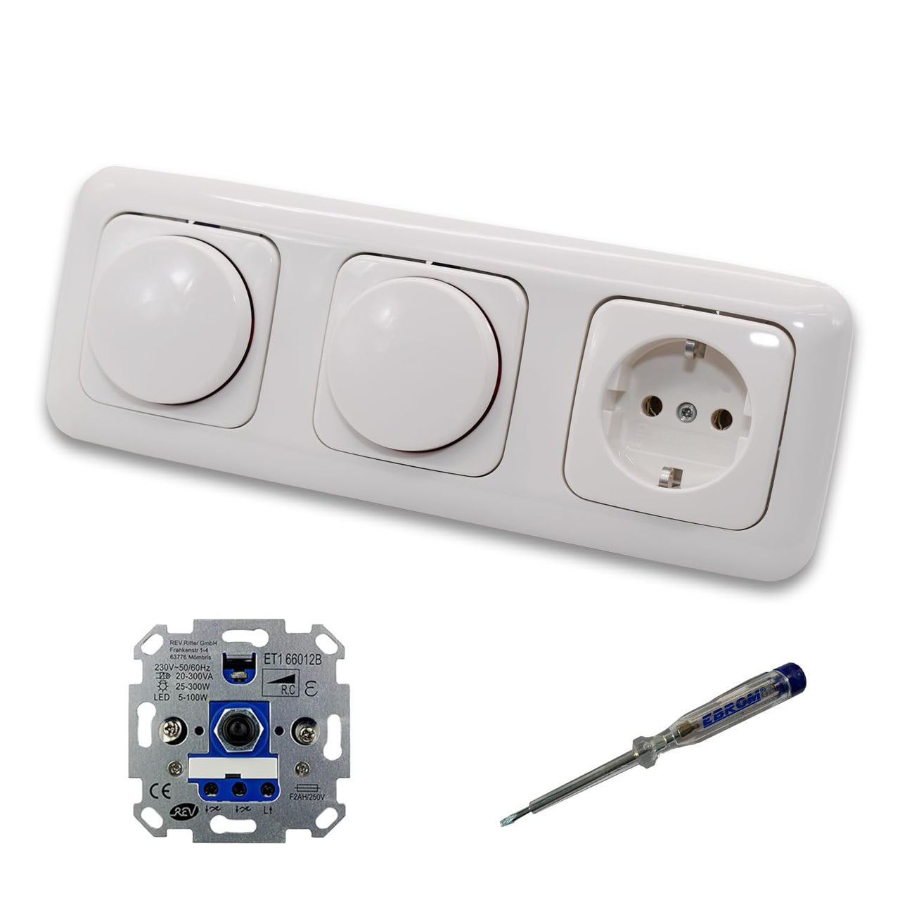 REV Ritter (2 x) LED Drehdimmer Dimmer + Busch Jäger Dimmerscheiben 2115-214 und Steckdose mit Kinderschutz 20EUCKS-214 in Reflex Si alpinweiß glänzend + EBROM Phasenprüfer z. Montage der Geräte
