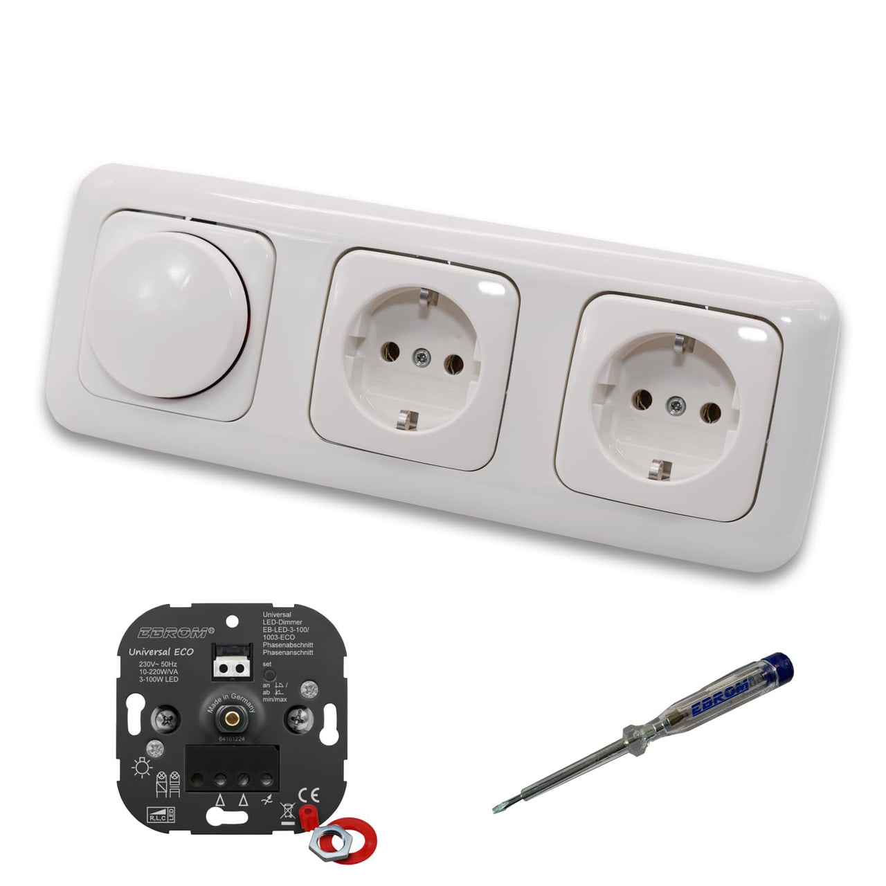EBROM 1003 Universal ECO LED Drehdimmer Dimmer + Busch Jäger Dimmerscheibe 2115-214 und 2 x Steckdose 20EUC-214 in Reflex Si alpinweiß glänzend inklusive EBROM Phasenprüfer zur Montage der Geräte