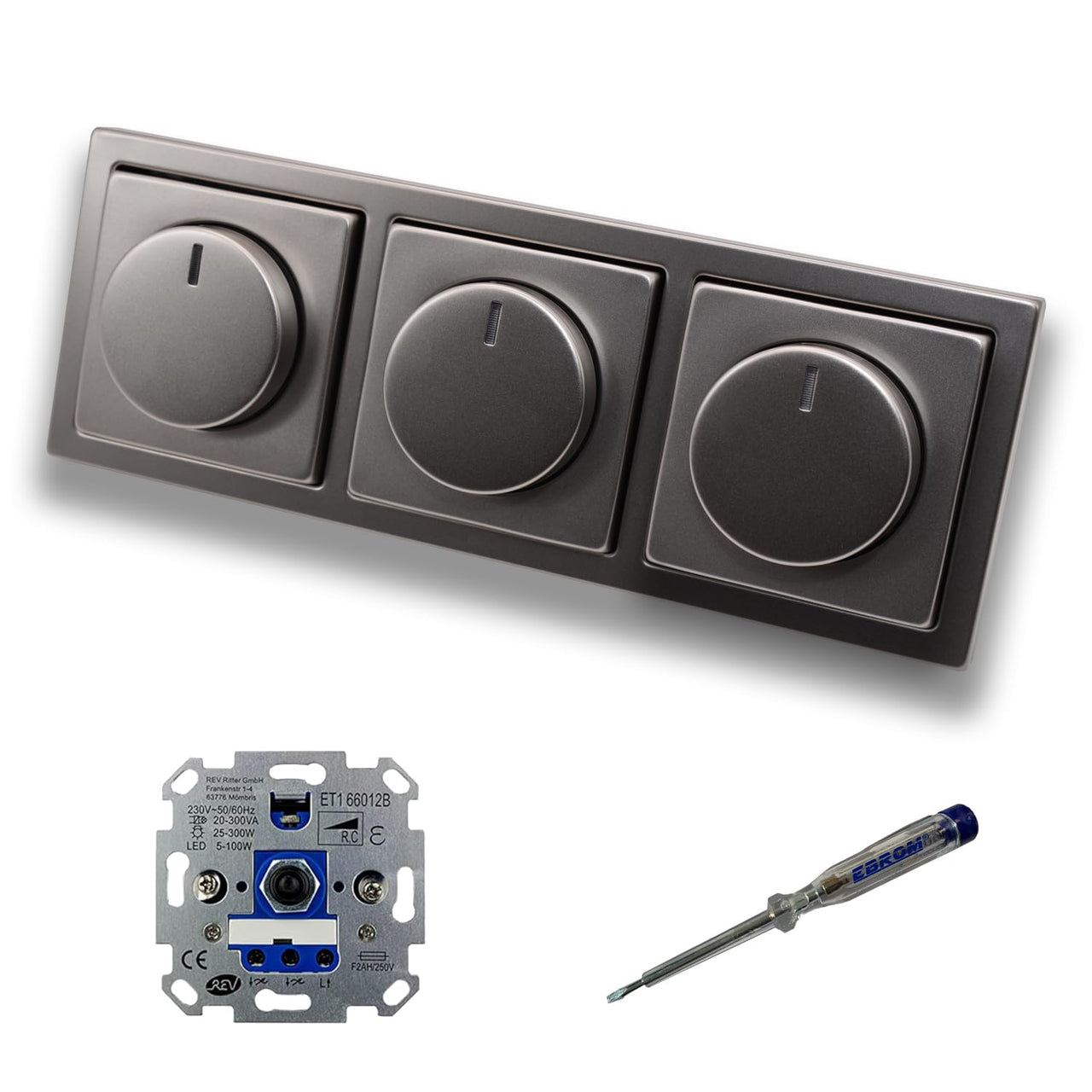 REV Ritter (3 Stück) LED Drehdimmer Dimmer + Busch Jäger Dimmerscheiben 6540-866-102 in PUR Edelstahl im 3-fach Rahmen inkl. EBROM Phasenprüfer zur Montage der Geräte ET1 66012B