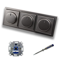 REV Ritter (3 Stück) LED Drehdimmer Dimmer + Busch Jäger Dimmerscheiben 6540-866-102 in PUR Edelstahl im 3-fach Rahmen inkl. EBROM Phasenprüfer zur Montage der Geräte ET1 66012B