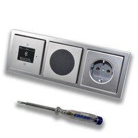 Busch Jäger DAB+ Unterputz Bluetooth Radio 8217U-101 PUR Edelstahl, Set mit Lautsprecher, Abdeckungen, Steckdose mit Kinderschutz, Rahmen + EBROM Phasenprüfer zur Montage d. Geräte - 8217 U – 101