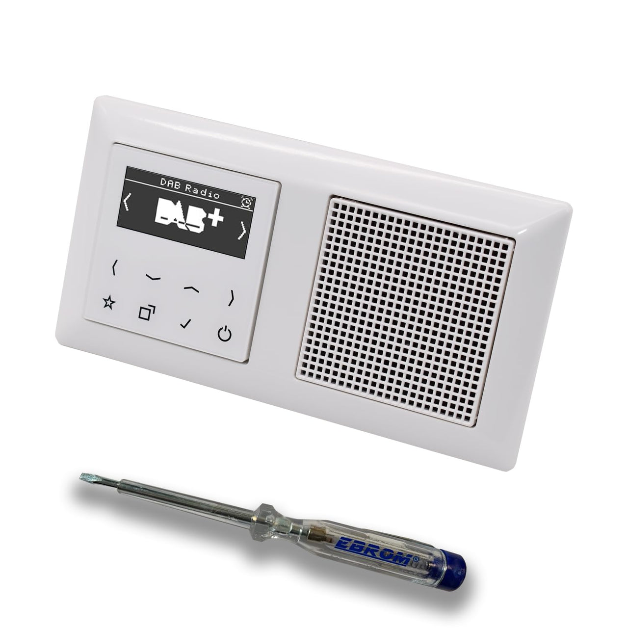 JUNG Smart Radio Unterputzradio DABAWW DAB+ Komplettset mit 2-fach Rahmen im JUNG AS 500 System, Farbe: alpinweiß – passenden Lautsprecher und EBROM Phasenprüfer zur Montage der Geräte