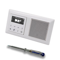 JUNG Smart Radio Unterputzradio DABAWW DAB+ Komplettset mit 2-fach Rahmen im JUNG AS 500 System, Farbe: alpinweiß – passenden Lautsprecher und EBROM Phasenprüfer zur Montage der Geräte