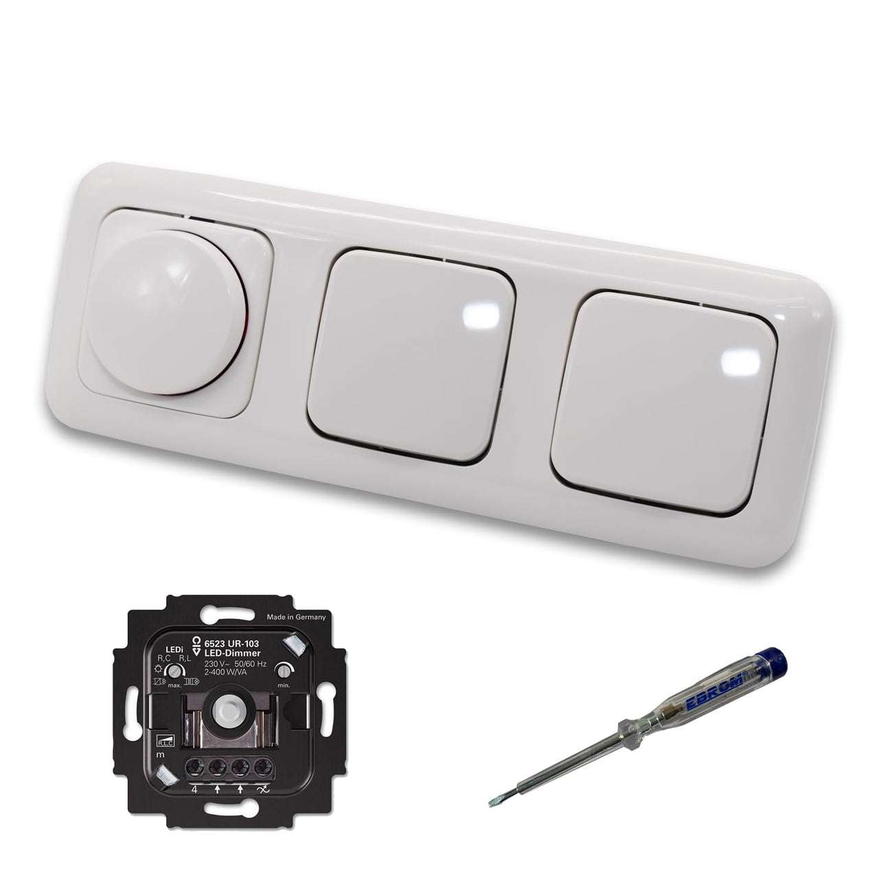 Busch Jäger 6523UR-103 LED Drehdimmer Dimmer + Dimmerscheibe 2115-214 und 2 x Lichtschalter 2000/6 US in Reflex Si alpinweiß glänzend inklusive EBROM Phasenprüfer zur Montage der Geräte 6523 UR-103