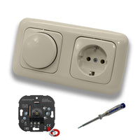 EBROM 1001 LED Drehdimmer Dimmer + Busch Jäger Dimmerscheibe 2115-212 und Steckdose 20EUC-212 in DURO2000 cremeweiß glänzend inklusive EBROM Phasenprüfer zur Montage der Geräte