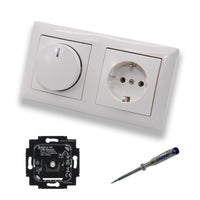 Busch Jäger 6523U-102 LED Drehdimmer Dimmer + Scheibe 2115-914 und Steckdose mit Kinderschutz 20EUCKS-914 in Balance Si alpinweiß glänzend inkl. EBROM Phasenprüfer zur Montage der Geräte 6523 U – 102