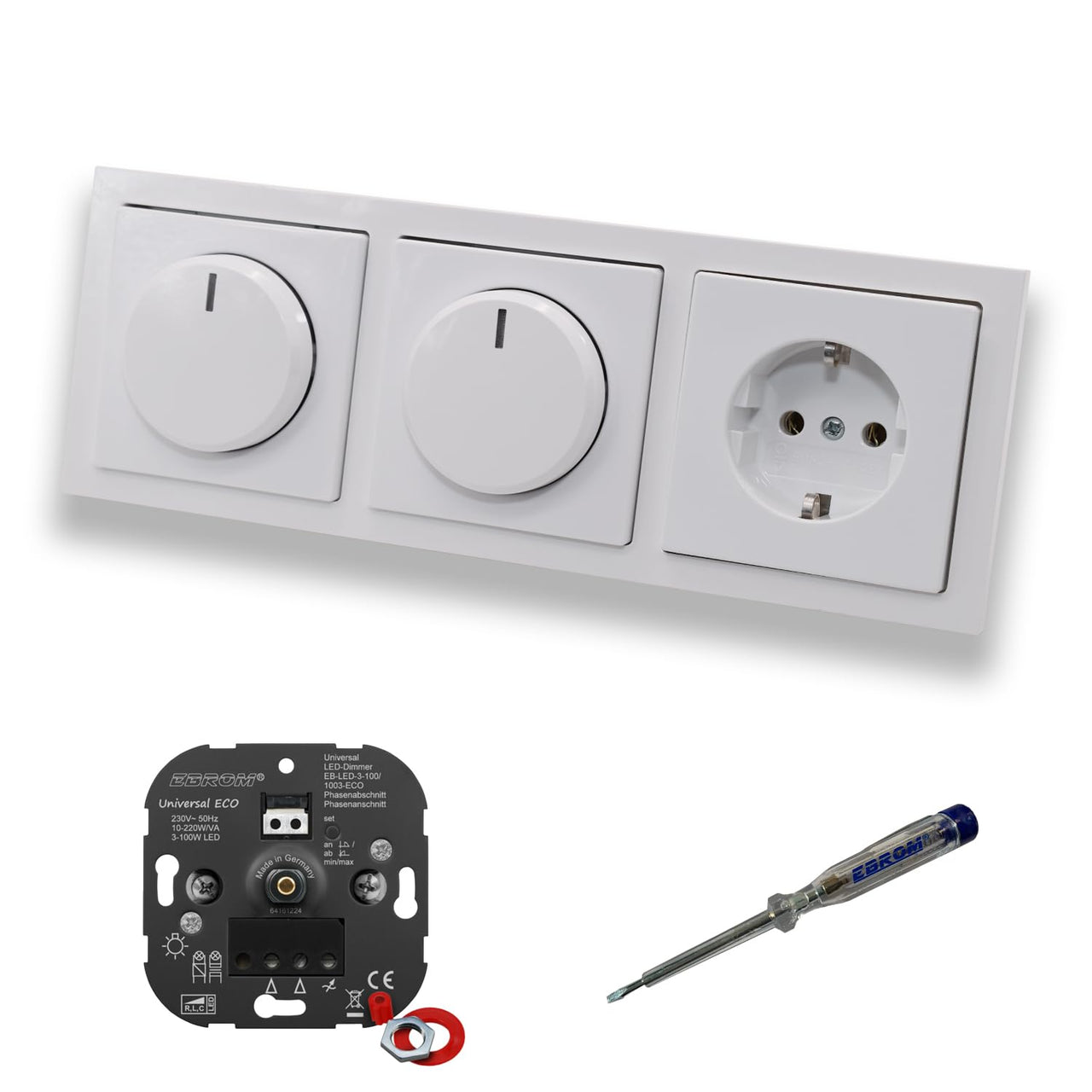 EBROM 1003 Universal ECO (2 x) LED Drehdimmer Dimmer + Busch Jäger Dimmerscheiben 6540-84-102 + Steckdose mit Kinderschutz 20EUCKS-84 in Future Linear Studioweiß + EBROM Phasenprüfer zur Montage