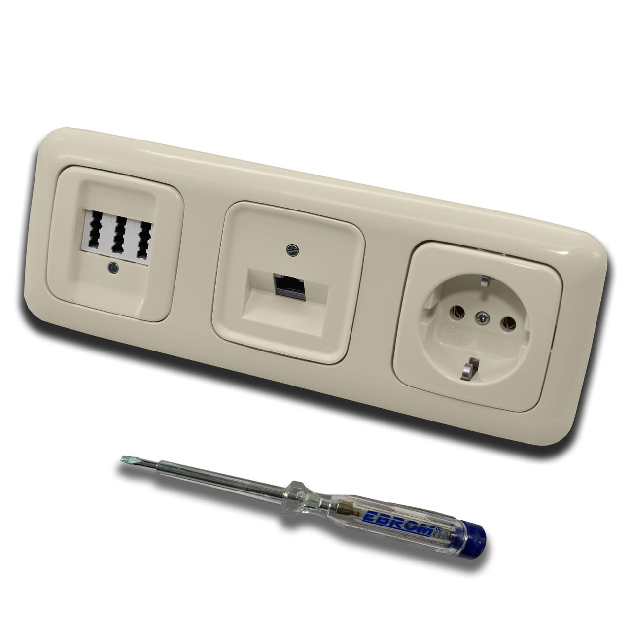 Busch Jäger, Rutenbeck Unterputz Netzwerkdose 10 Gigabit/S 10GbE KAT6A 6A 1x RJ45 Anschluss + EBROM Telefon TAE 3x6 NFN + Steckdose DURO2000 cremweiß Design + EBROM Phasenprüfer z. Montage d. Geräte