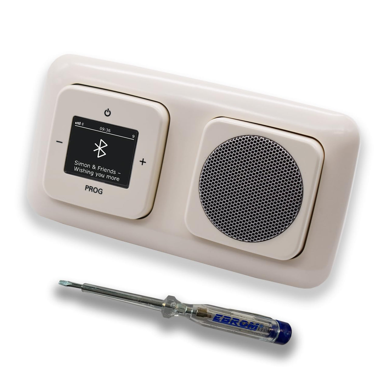 Busch Jäger DAB+ Unterputz Bluetooth (in and out) Radio 8217U-101 DURO2000 cremeweiß, Komplett-Set mit Lautsprecher, Abdeckungen und Rahmen + EBROM Phasenprüfer zur Montage der Geräte - 8217 U – 101